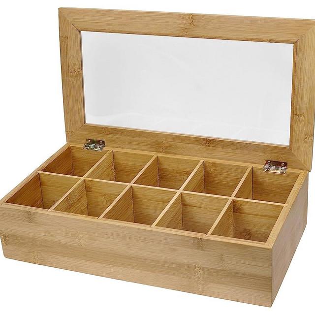 Estilo Tea Box Organizer, Premium Bamboo Tea Bag Storage Box with 10 Compartments, Storage Bin for Kitchen Cabinets, Countertops, Pantry
