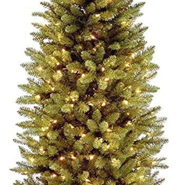 National Tree Company Artificial Pre-Lit Slim Christmas Tree, Green, Kingswood Fir, White Lights, Includes Stand, 7 Feet
