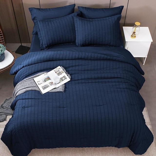 HYMOKEGE Navy Blue Queen Comforter Set Seersucker 8 Pieces, All Season Luxury Bed in a Bag for Bedroom, Bedding Set with Comforters, Sheets & Skirt, Pillowcases & Shams