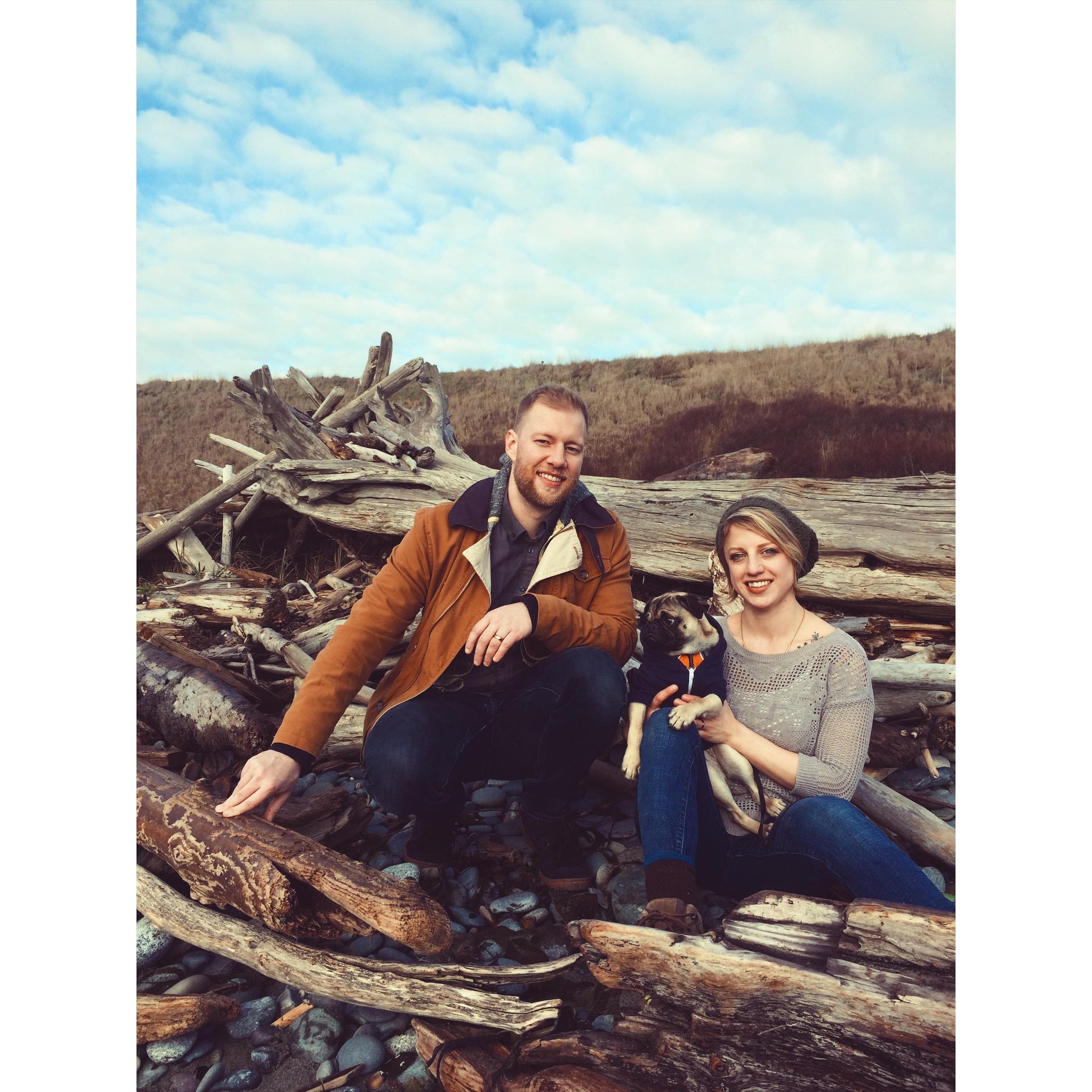 Zach and I on the Pacific Northwest Coast on Ebey's Landing in Washington. All the beaches in Oregon also have great driftwood and pebble shores.