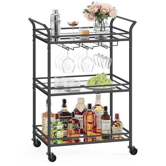 VASAGLE Bar Cart, Home Bar Serving Cart, Small Bar Cart with 3-Tier Shelf, Wine Holders, Glass Holders, Bar Cart for Small Spaces, Kitchen, Living Room, 15 x 23.6 x 36.2 Inches, Black ULRC100B01