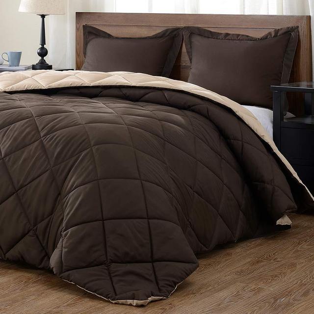 downluxe Lightweight Solid Comforter Set (Queen) with 2 Pillow Shams - 3-Piece Set - Brown and Tan - Down Alternative Reversible Comforter