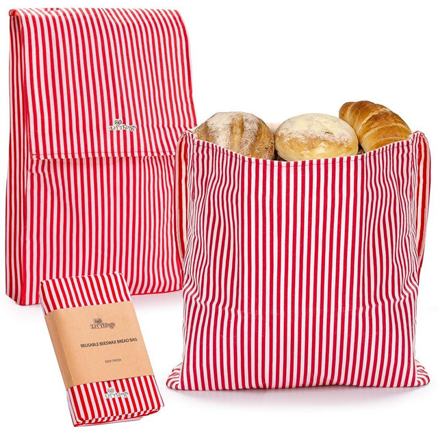 Li’l Things Beeswax Bread Bag Set – 13”×13” Boule & 15”×9” Baguette/Oblong – Organic Beeswax Bread Storage (Stripey Red)