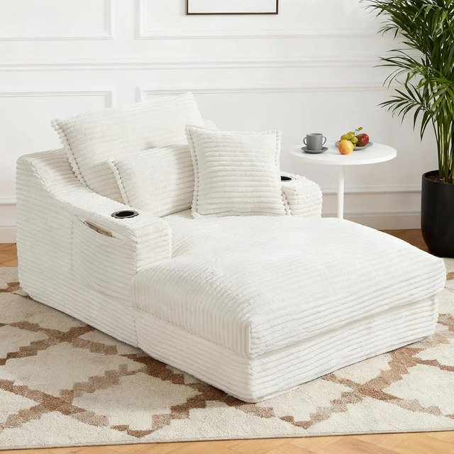 Oversized Chaise Lounge Chair Indoor, 67'' Upholstered Sleeper Sofa Bed with Cup Holders & 3 Pillows, Deep Seat Corduroy Boneless Cloud Sofa Couch for Living Room, No Assembly Reading Chair, White