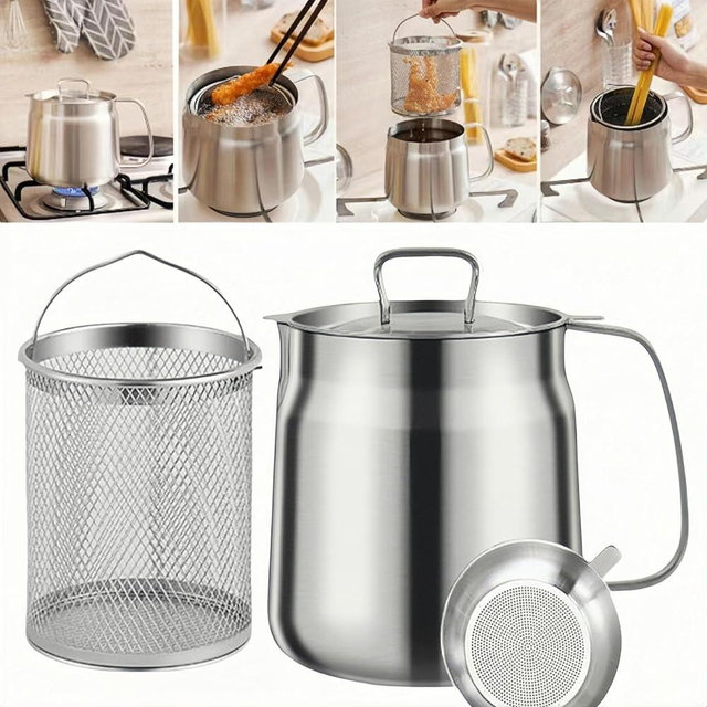 68oz 304 Stainless Steel Oil Filter Pot Large Capacity Versatile Oil Filter Vessel Heavy Duty Stainless Steel Bacon Grease Container Multi-function Frying net Tank for Kitchen Camping (50oz/1.5L)