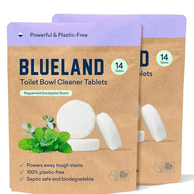 BLUELAND Toilet Bowl Cleaner Tablets, 28 Count, Peppermint Eucalyptus, Plastic-Free, No Harsh Chemicals, Plant-Based