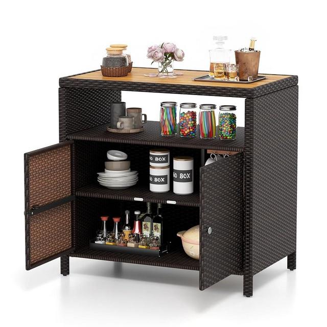 Tangkula Rattan Storage Cabinet, Outdoor Patiojoy Buffet Cabinet with Acacia Wood Countertop, Open Compartment & Enclosed Cabinet, 2-Door Wicker Sideboard, Storage Organizer for Poolside (Mix Brown)