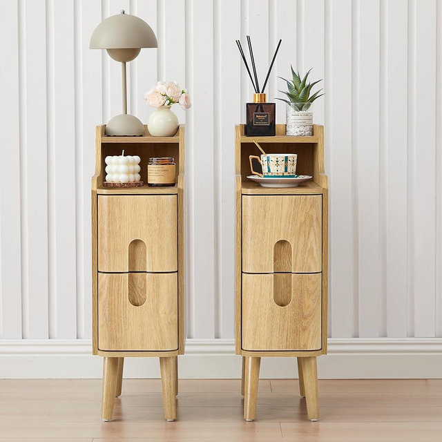 Small Nightstand Set of 2, Wood 2 Drawer Narrow Nightstand, Slim Side Table, Modern Skinny End Bedside Table, Natural Wood Night Stand with Drawers for Bedroom (Natural-2 pcs)
