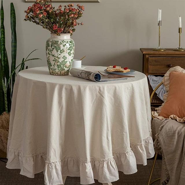 Glory Season Retro Farmhouse Ruffle Round Tablecloth Cotton Flounces Trim Washable Table Cover White Tablecloths for Rectangle Table Baby Shower Kitchen Party Wedding Decor White, 70'' Round