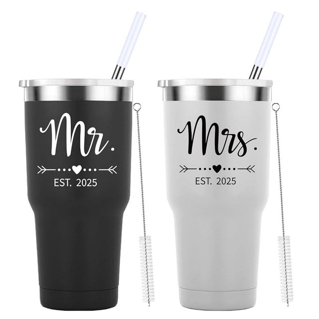 Mamihlap Mr and Mrs Est 2025 Travel Mug 30oz Tumbler.Newlyweds Couples Wife Bride To Be Newly Engaged Bridal Shower Gifts.Wedding Tumbler Idea for Bridal Showers Engagement.(Black&White)