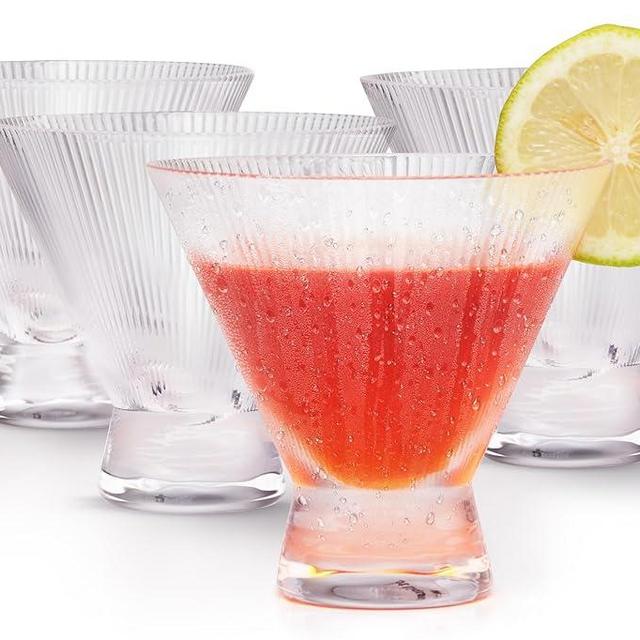 KooK Stemless Ribbed Martini Glasses, Footed Drinking Cups, Great for Cocktails, Margaritas, Liquor, Desserts and More, Dishwasher Safe, Clear, 9 oz, Set of 4