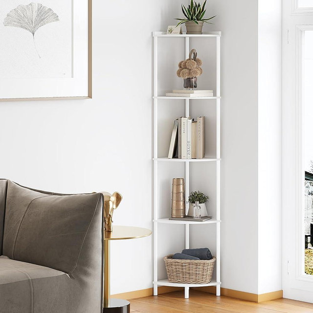 SUNMORY 5 Tier Corner Shelf Stand, Industrial 65" Corner Shelves Display Shelf for Living Room Decor, Wall Corner Bookshelf Multi Unit Organizer, Tall Shelf Plant Stand for Bedroom, Bathroom, White