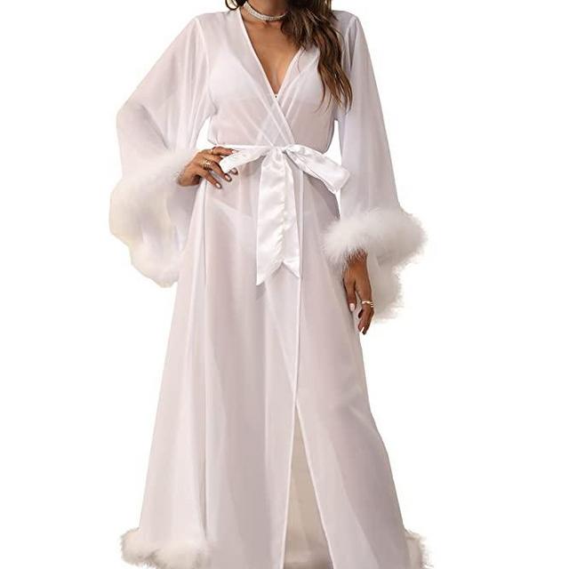 Women Sexy Feathers Collar Perspective Sheer Long Lingerie Robe Nightgown Bathrobe Pajamas Sleepwear