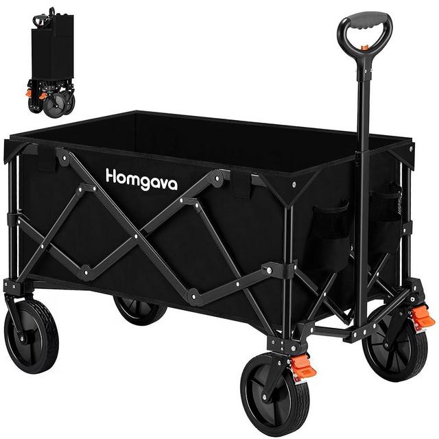 Collapsible Folding Wagon Cart with Brakes,Heavy Duty Garden Cart with All Terrain Wheels,Portable Large Capacity Utility Wagon Cart for Camping Fishing Sports Shopping,Black & Orange