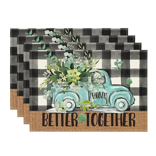 Artoid Mode Black Buffalo Plaid Truck Eucalyptus Summer Placemats Set of 4, 12x18 Inch Spring Table Mats for Party Kitchen Dining Decoration