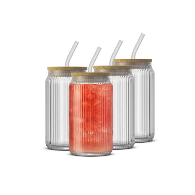 Fluted Glass Tumblers with Bamboo Lids and Straws - 16 oz - Set of 4