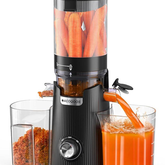 Cold Press Juicer, Auto Feed & Pre-cut, 55 RPM Slow Masticating High Juice Yield Juicer Machines, Easy to Clean, 5.3" Wide Chute, 1.8L Hopper with 2 Cups, Black