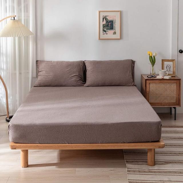 DONEUS Jersey Knit Cotton Fitted Sheet Queen(60x 80), 3 Piece(1 Solid Coffee Fitted Sheet, 2 Pillow Cases)Soft Fitted Sheet Set with 15 Deep Pocket, Extra Soft and Comfy Fitted Sheet for All Season