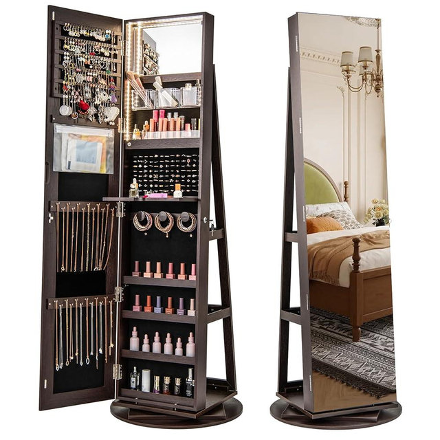 CHARMAID 360° Swivel Jewelry Armoire with Full Length Mirror, Rear Storage Shelves, Lockable Standing Jewelry Cabinet Organizer with Interior Vanity Mirror and 3-Color Lights (Espresso)