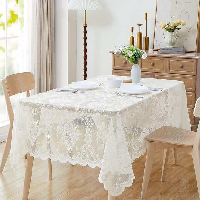 LinenZone Beautiful Oblong Lace Tablecloth with Elegant Scalloped Bottom for Any Special Event Such as Wedding, Birthday Party, Baby Shower, Anniversary. Sits 4 to 6 People. (54"W x 72"L TableCloth,