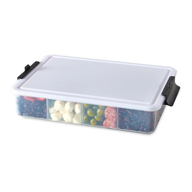 Farberware Large Build-A-Board Snacklebox Serving Tray with Locking Plastic Cutting Board Lid, Portable Storage Container with 11 Compartments for Charcuterie, and More