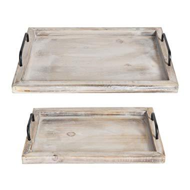 Besti Rustic Vintage Food Serving Trays (Set of 2) | Nesting Wooden Board with Metal Handles | Stylish Farmhouse Decor Serving Platters | Large: 15 x2 x11” - Small: 13 x2 x9” inches (Rustic)