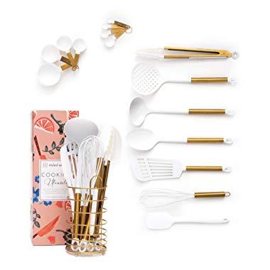 STYLED SETTINGS White and Gold Cooking Utensils with Stainless Steel Gold Utensil Holder - 16-Piece Set Includes White and Gold Measuring Spoons, White and Gold Measuring Cups