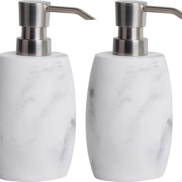 Clasin Home Resin Soap Dispenser Set 2, Refillable Hand Soap Dispenser with White Marble Look and Metallic Pump, Kitchen, Bathroom, Waterproof Labels (12 Oz)