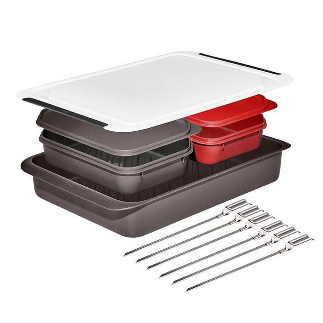 OXO SoftWorks Grilling Prep & Carry System, Dishwasher Safe, BPA Free, All-In-One, Color-Coded Trays with Lids, Deep Tray for Marinades/Oily Food