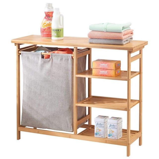 mDesign Bamboo Wood Laundry Station - Furniture Storage System with Hamper - 3 Open Storage Shelves to Organize Detergent, Liquid Fabric Softener, Bleach, Dryer Sheets, Stain Removers - Natural Finish