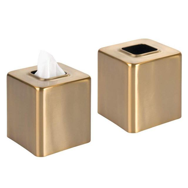 mDesign Modern Square Metal Paper Facial Tissue Box Cover Holder for Bathroom Vanity Countertops, Bedroom Dressers, Night Stands, Desks and Tables - 2 Pack - Soft Brass