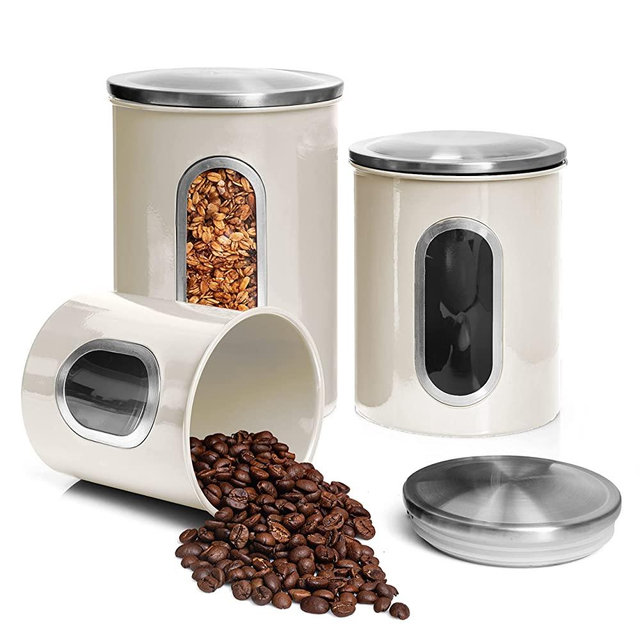 Moss And Stone 3 Piece Ivory Canisters Sets For The Kitchen, Kitchen Jars With See Through Window | Airtight Coffee Container, Tea Organizer, And Sugar Canister, Kitchen Canisters Set of 3.