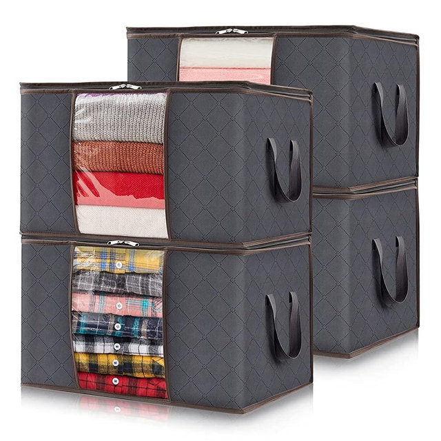 Lifewit 4 Packs Clothes Storage Bag, Storage Bins for Clothes, Blankets, Comforters, Foldable Clothing Storage with Reinforced Handle, Sturdy Zipper, Closet Organizer With Clear Window, Grey