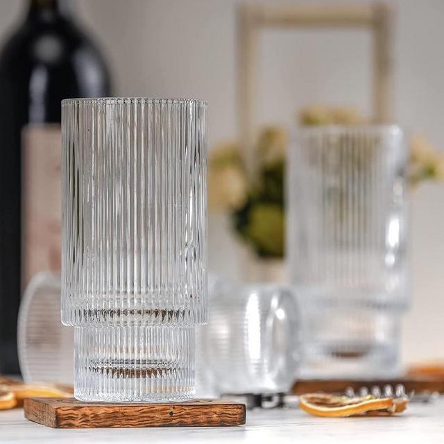 Vintage Ribbed Drinking Glasses - 12 oz, Set of 4