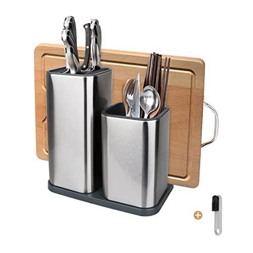 Yimerlen Universal Knife Block, Stainless Steel Universal Knife Holder Block Without Knives, Modern Kitchen Knife Storage Organizer for Countertop (with Cleaning Brush) (Stainless Steel/Silver)