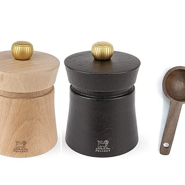 Peugeot Baya Salt And Pepper Mill Gift Set 3", Chocolate With Scoop