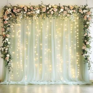 Fomcet Sage Green Tulle Backdrop Curtains with Lights String 120"W x 120"L Sheer Curtain with Lights Tulle Curtains Backdrop for Wedding Birthday Party Photo Shoot (2 Panels 5x10FT)