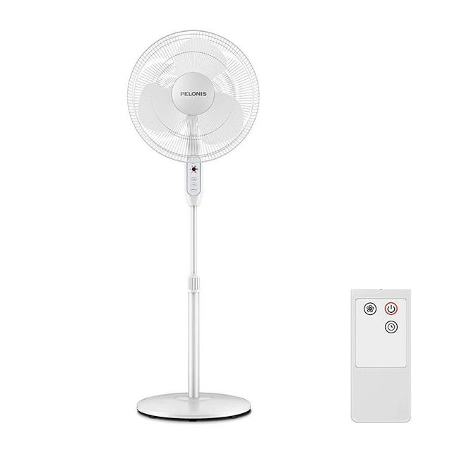 PELONIS 3-Speed Oscillating 7-Hour Timer, Remote Control and Adjustable in Height, FS40-16JR, 16 Inch, 16-inch Digital Pedestal Fan White