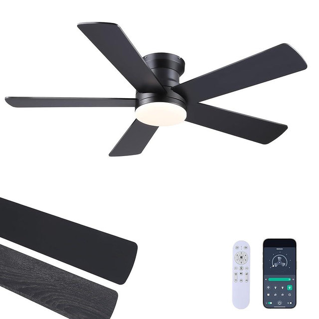 Ayaoty Ceiling Fans with Lights - 48" Black Flush Mount Ceiling Fan Light with 6 Speeds 3CCT Dimmable, Revesible Motor, Low Profile Fan Light for Modern Indoor Bedroom, Kitchen