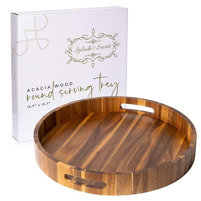 Acacia Wood Round Serving Tray - Breakfast Tray, Large handles for Easy Handling, Beautiful Wooden tray for multiple uses