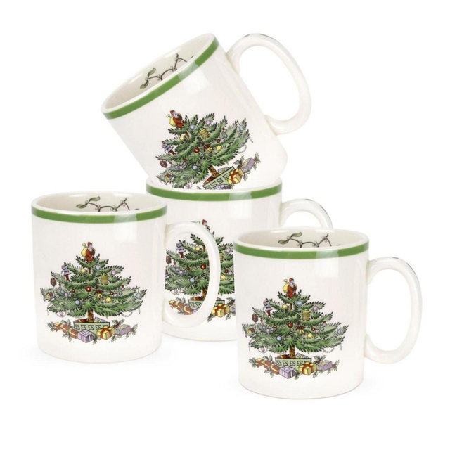 Spode Christmas Tree Mug Set of 4 - 9oz Ceramic - Microwave, Oven, Freezer & Dishwasher Safe - Festive Holiday Coffee Tea Cup