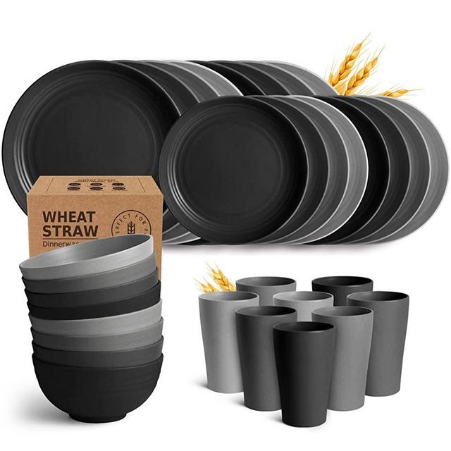 Teivio 32-Piece Kitchen Wheat Straw Dinnerware Set, Service for 8, Dinner Plates, Dessert Plate, Cereal Bowls, Cups, Unbreakable Plastic Outdoor Camping Dishes, Gray Ombre