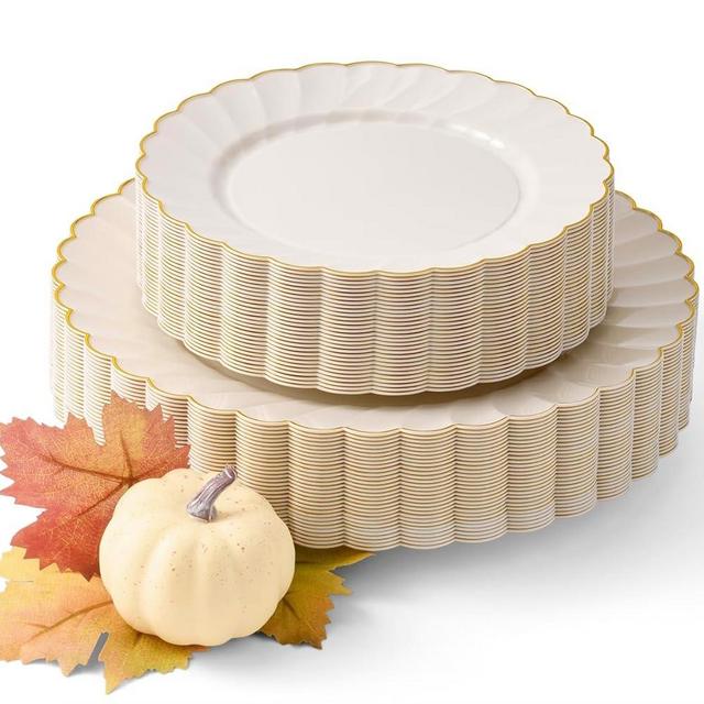 By Madee HEAVYWEIGHT 60 PC Scalloped Ivory and Gold Plates | High End Disposable Plates | 30 Dinner Plates & 30 Dessert Plates | Elegant Plastic Plates for Wedding, showers, Brthdays