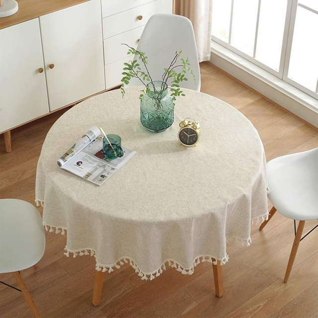 meioro Linen Round Tablecloth, Fabric Circle Table Cloth with Tassels, Washable Wrinkle Free Table Cover Boho Farmhouse Linen Tablecloths for Card Coffee Tables Home Party - Round 47 Inch, Beige