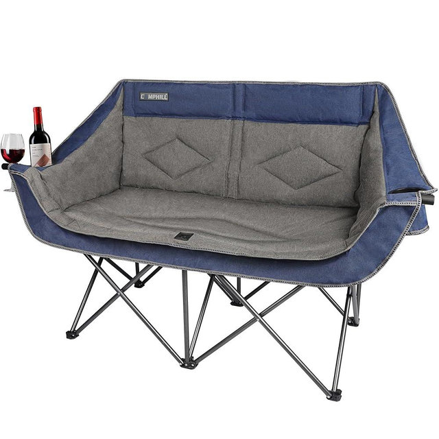 Oversized Double Camping Chair-Heavy Duty 2 Person Folding Loveseat Camp Couch for Adults,Portable Outdoor Lawn Chairs with Padded Seat for Fishing,Sports and Patio,Supports 500 LBS,Blue