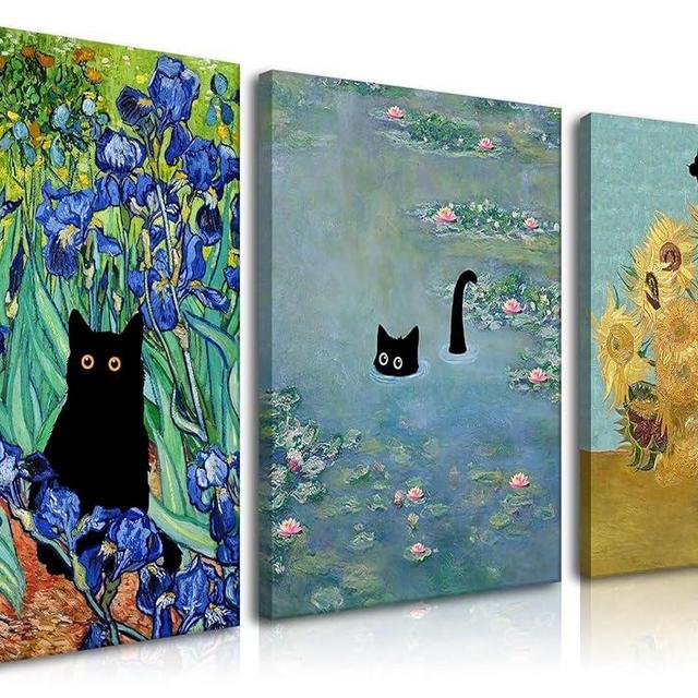 Monet Wall Art Set of 3 - Funny Cat in Water Lilies Canvas Paintings Prints, Van Gogh Sunflower Cat Aesthetic Pictures for Room Bedroom Living Room Bathroom 12x16 in Framed