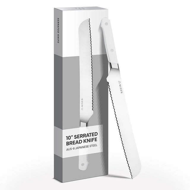 Misen Serrated Bread Knife - High-Carbon Japanese AUS8 Steel - Perfect for Soft Foods, Bread, Pastries, and Fruits - Verstatile Slicer, Razor-Sharp Edge, Durable Blade, Ergonomic Handle - 10", White