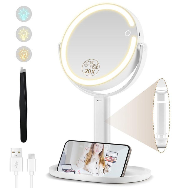 Makeup Mirror with Lights, Double Sided 1x/20x Magnifying Mirror with Light, Rechargeable 3 Color Lights and Adjustable Brightness Vanity Mirror, 360° Rotation Detachable for Travel with Tweezer