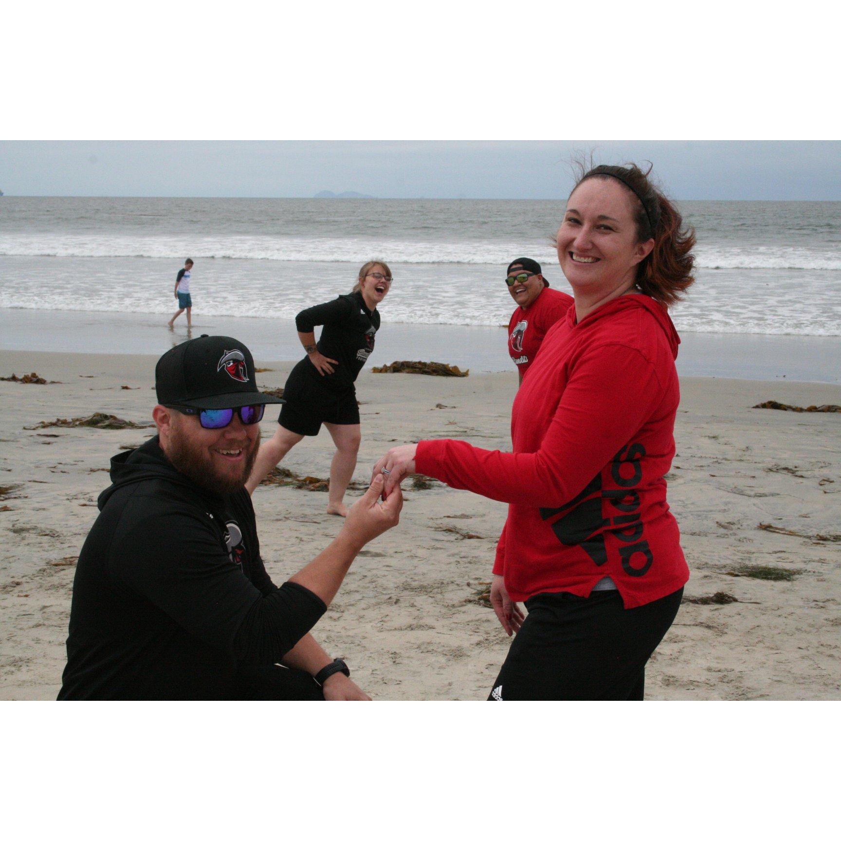 Reenacting the proposal with Bandit family at the beach.