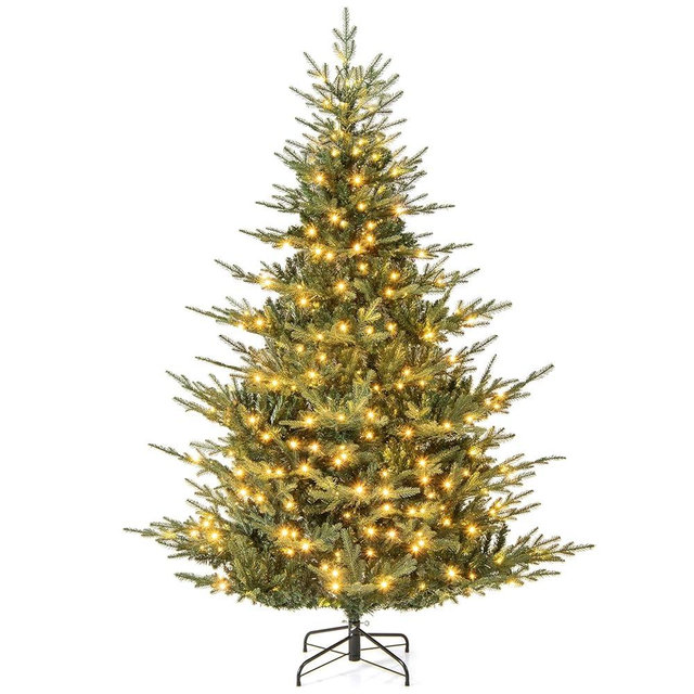 Goplus 7 FT Pre-Lit Artificial Christmas Tree, Hinged Xmas Tree with 1102 PVC & PE Mixed Branch Tips, 350 Warm White LED Lights, 8 Modes, Foldable Metal Stand, Home Office Holiday Decoration
